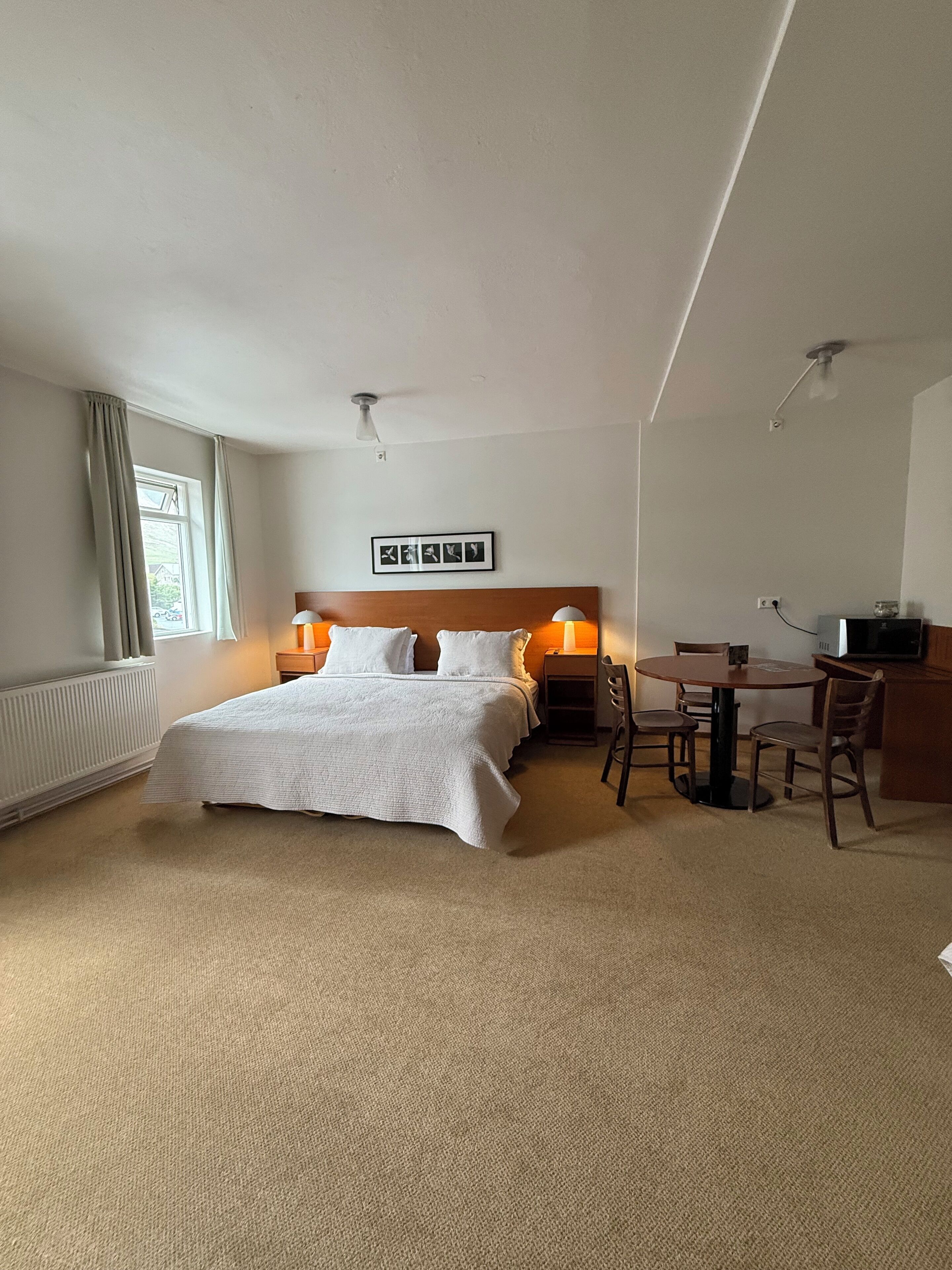Habitación de hotel con una cama grande, dos mesitas de noche con lámparas, un escritorio con silla y un radiador.