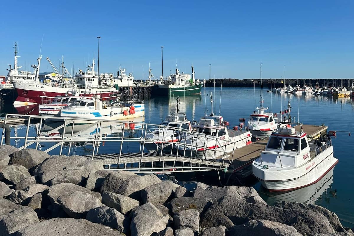 Un puerto deportivo con varias embarcaciones amarradas, un primer plano rocoso y un cielo azul despejado.