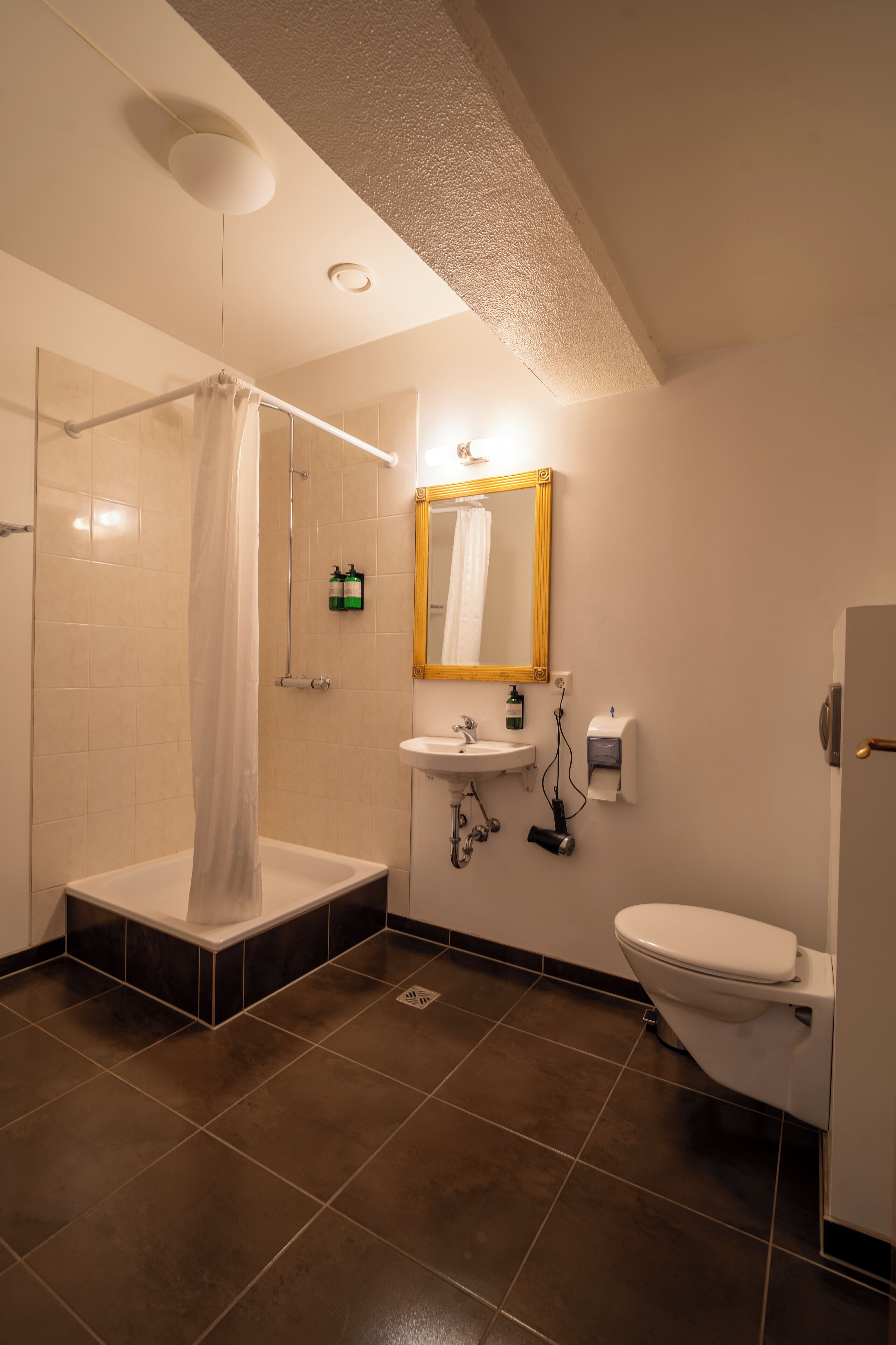 A modern bathroom with a shower, toilet, sink, and a mirror.