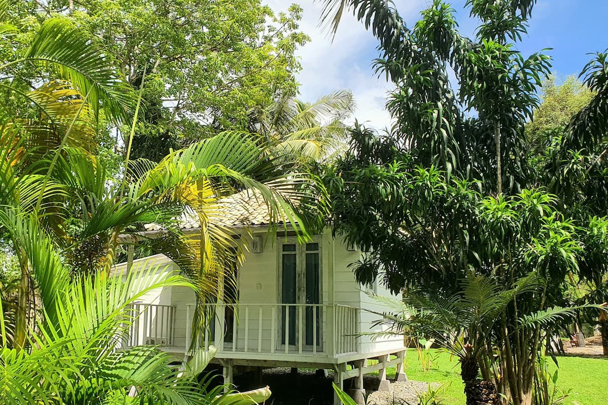 A small, elevated wooden structure surrounded by lush tropical vegetation.