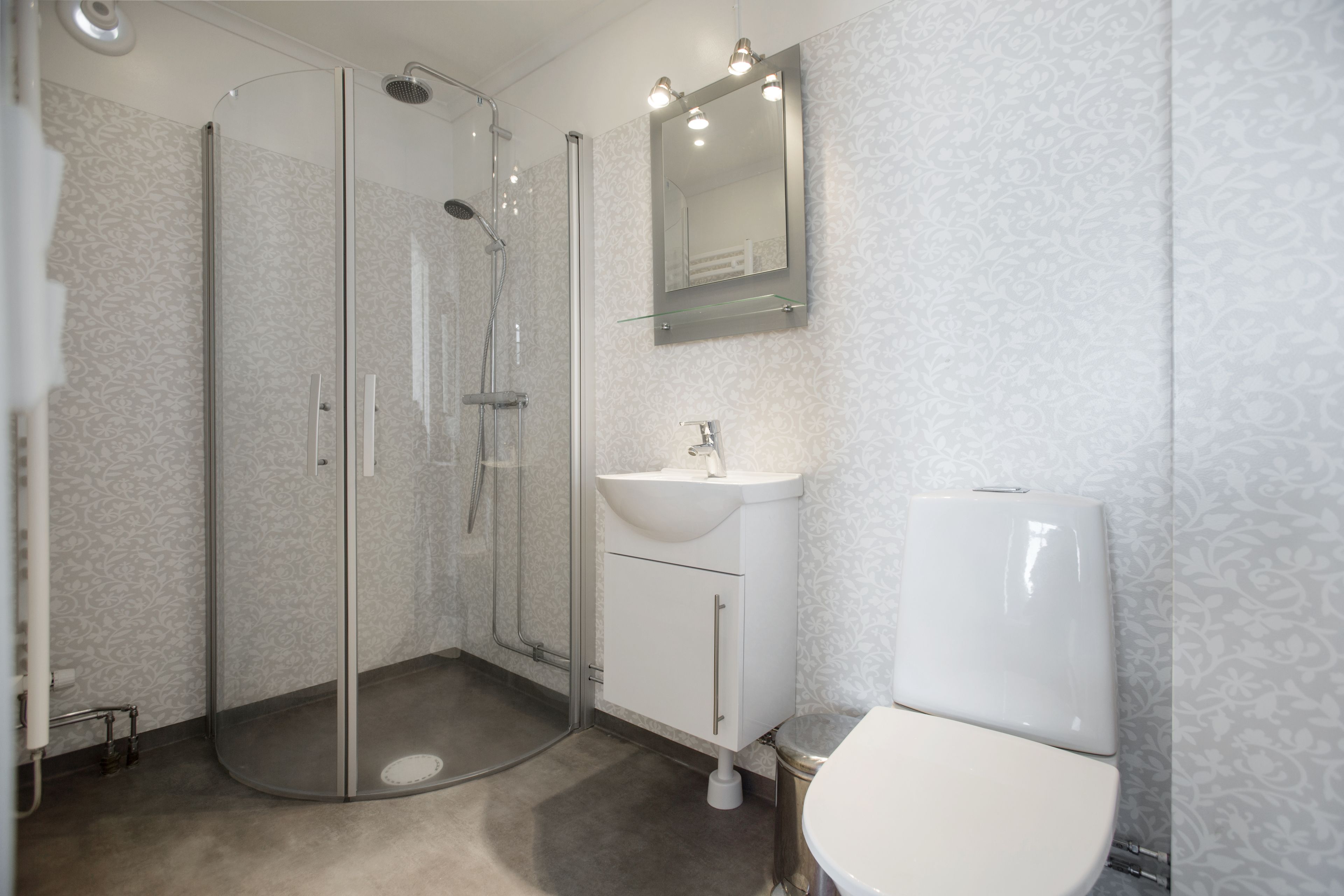 Un baño moderno con ducha de vidrio, un lavamanos blanco y un inodoro.