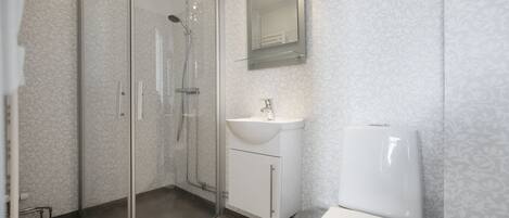 Un baño moderno con ducha de vidrio, un lavamanos blanco y un inodoro.
