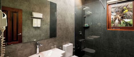 A modern bathroom with a glass-enclosed shower, a white sink, and a toilet.