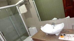 Une salle de bain équipée d’une douche, de toilettes, d’un lavabo et d’un miroir.