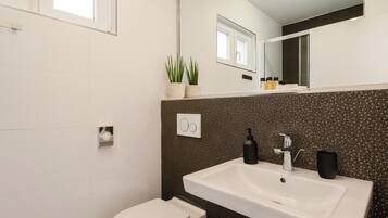 Une salle de bain moderne avec des toilettes, un lavabo et un miroir.