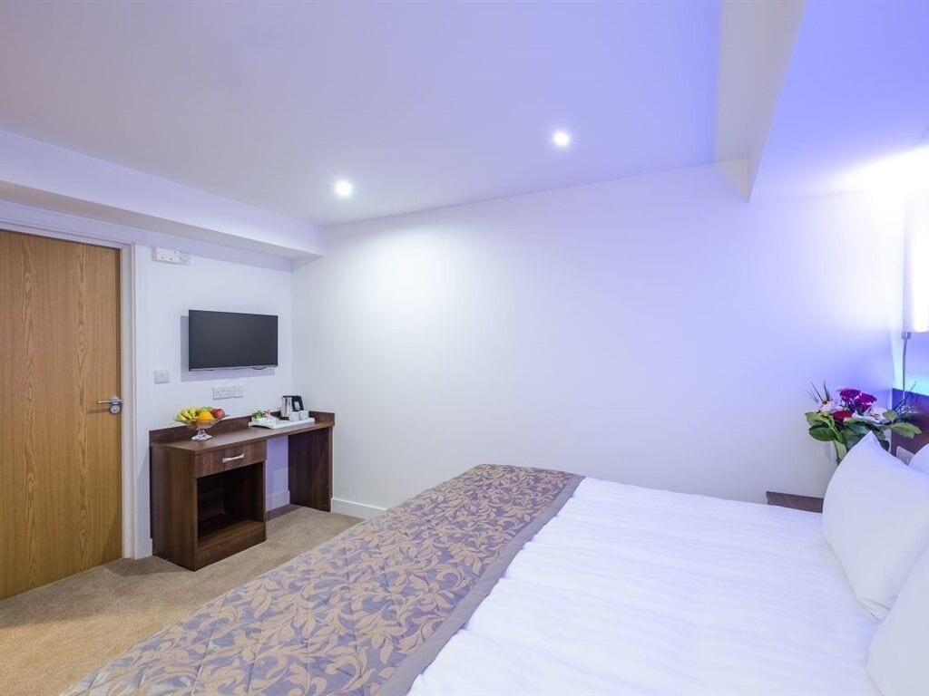 A hotel room with a bed, a desk with a flat-screen TV, a wooden door, and a small plant.