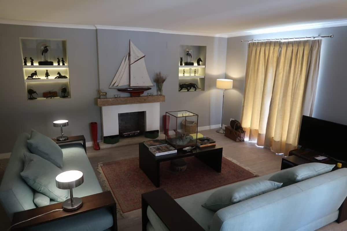 A living room with a fireplace, a sofa, a coffee table, and a television.