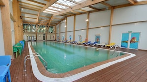 Une piscine intérieure dotée d’un plafond en bois et de panneaux de verre transparents, entourée de chaises longues et recouverte d’un sol carrelé.
