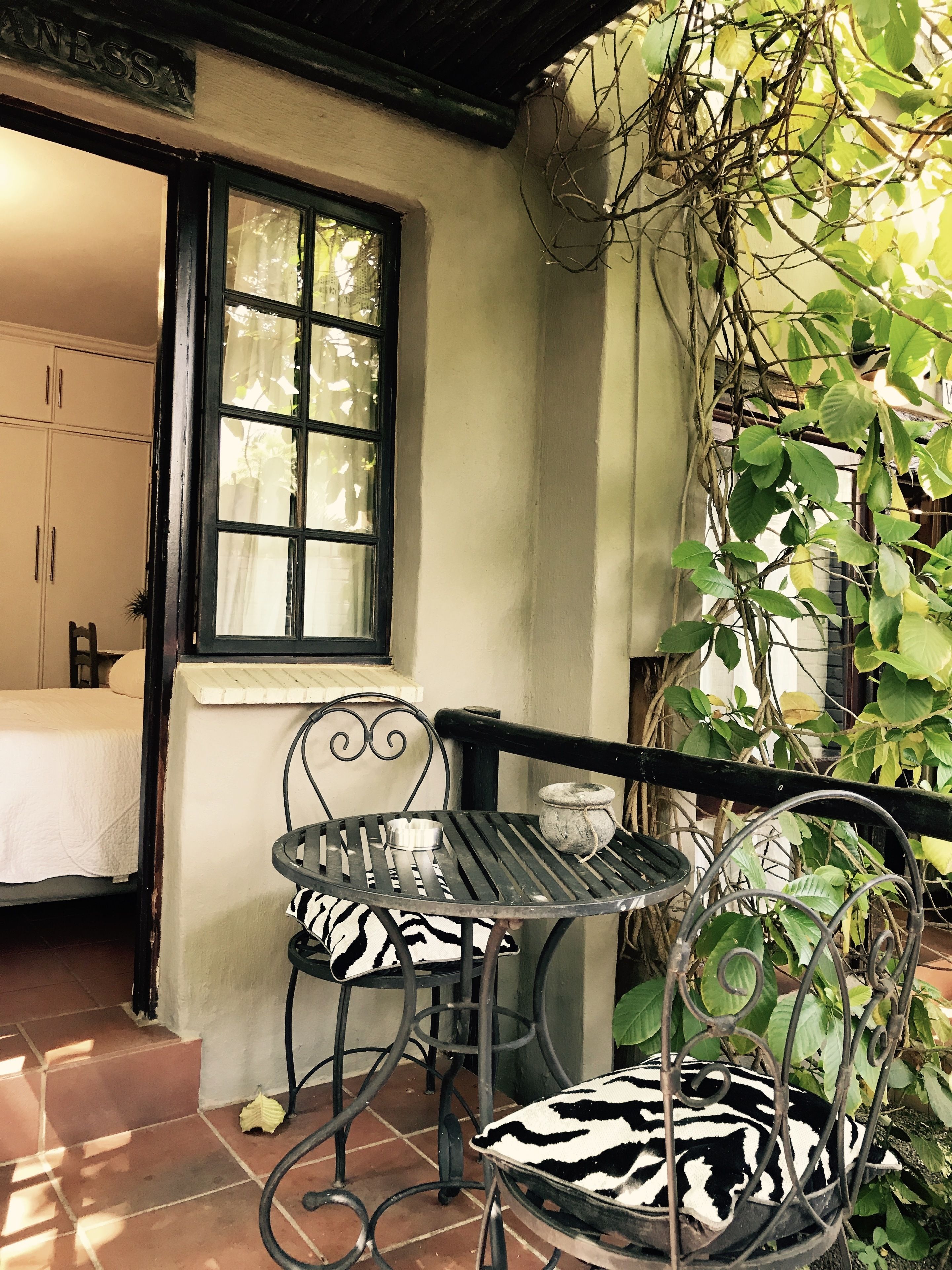 A room with a bed, a window, a table with a zebra-patterned cushion, and a hanging plant.