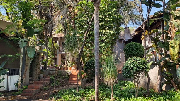 A pool surrounded by lush greenery and a building with a tiled roof. - Waterhouse Guest Lodges 295 Indus Street (Pretoria)