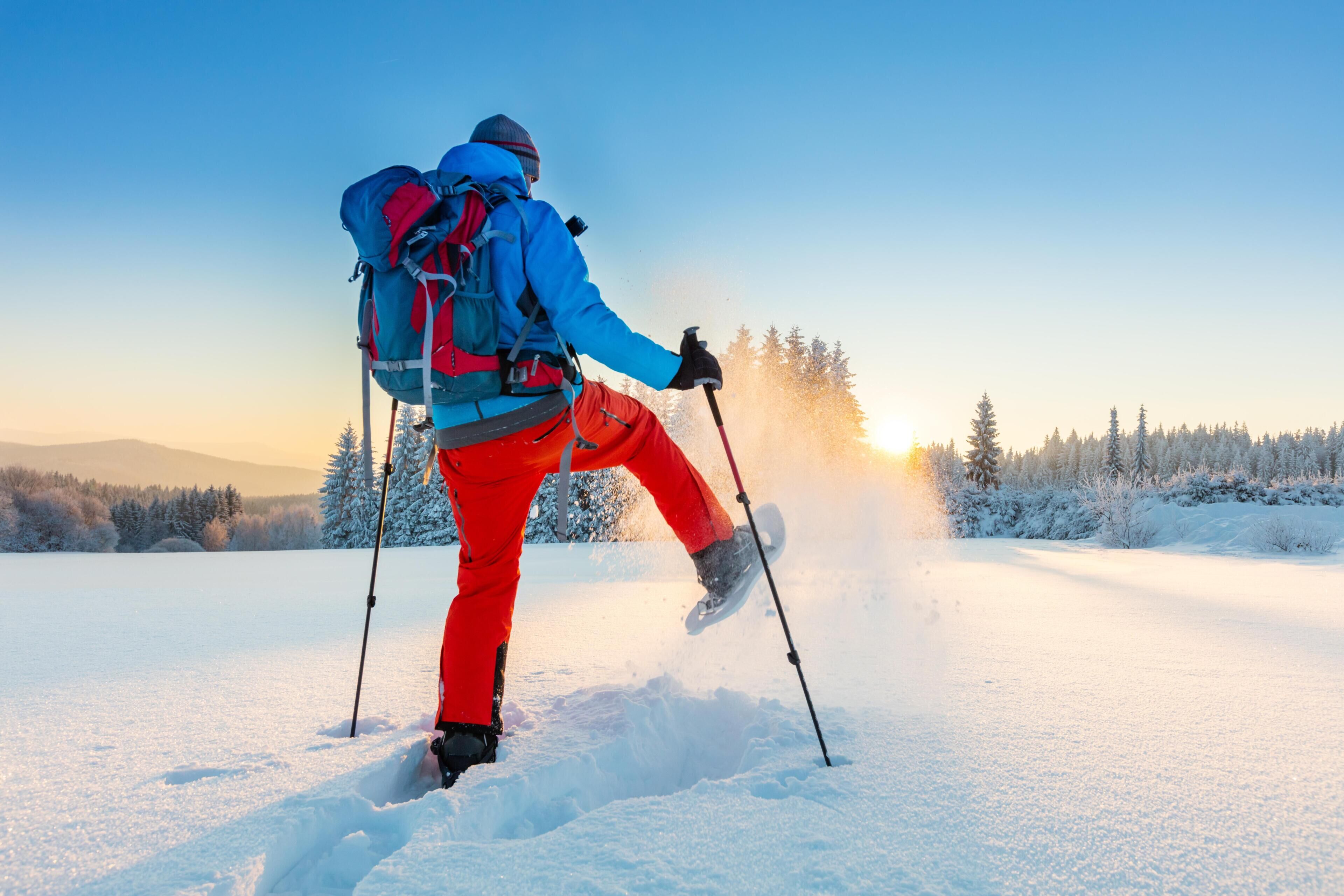 Une personne fait du ski dans un paysage enneigé, sous un ciel dégagé.