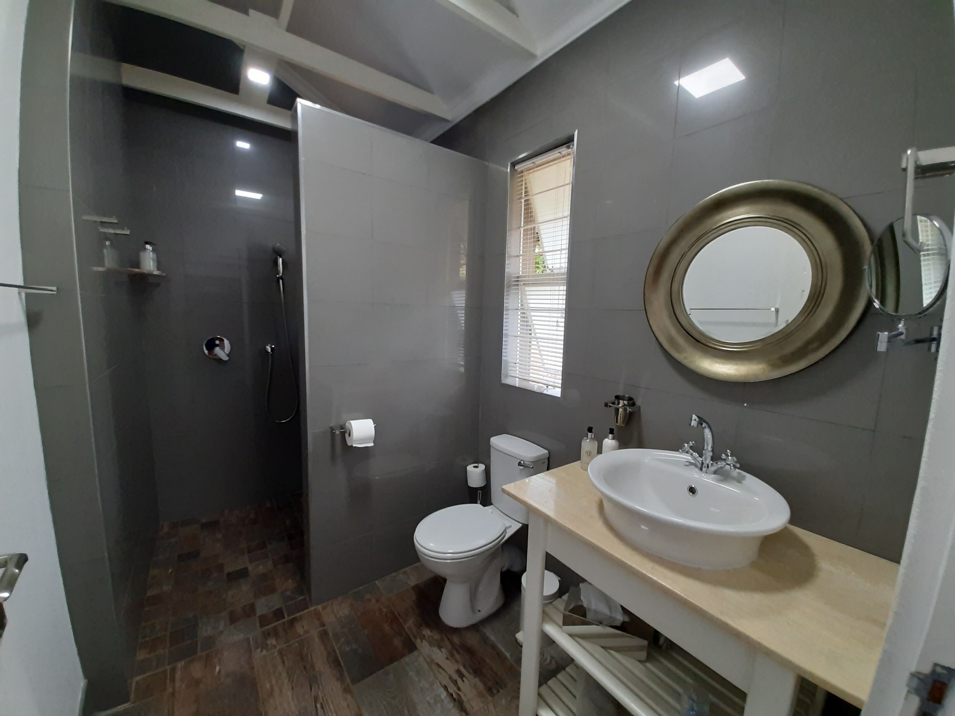 Un baño moderno con ducha, inodoro, lavamanos y espejo.