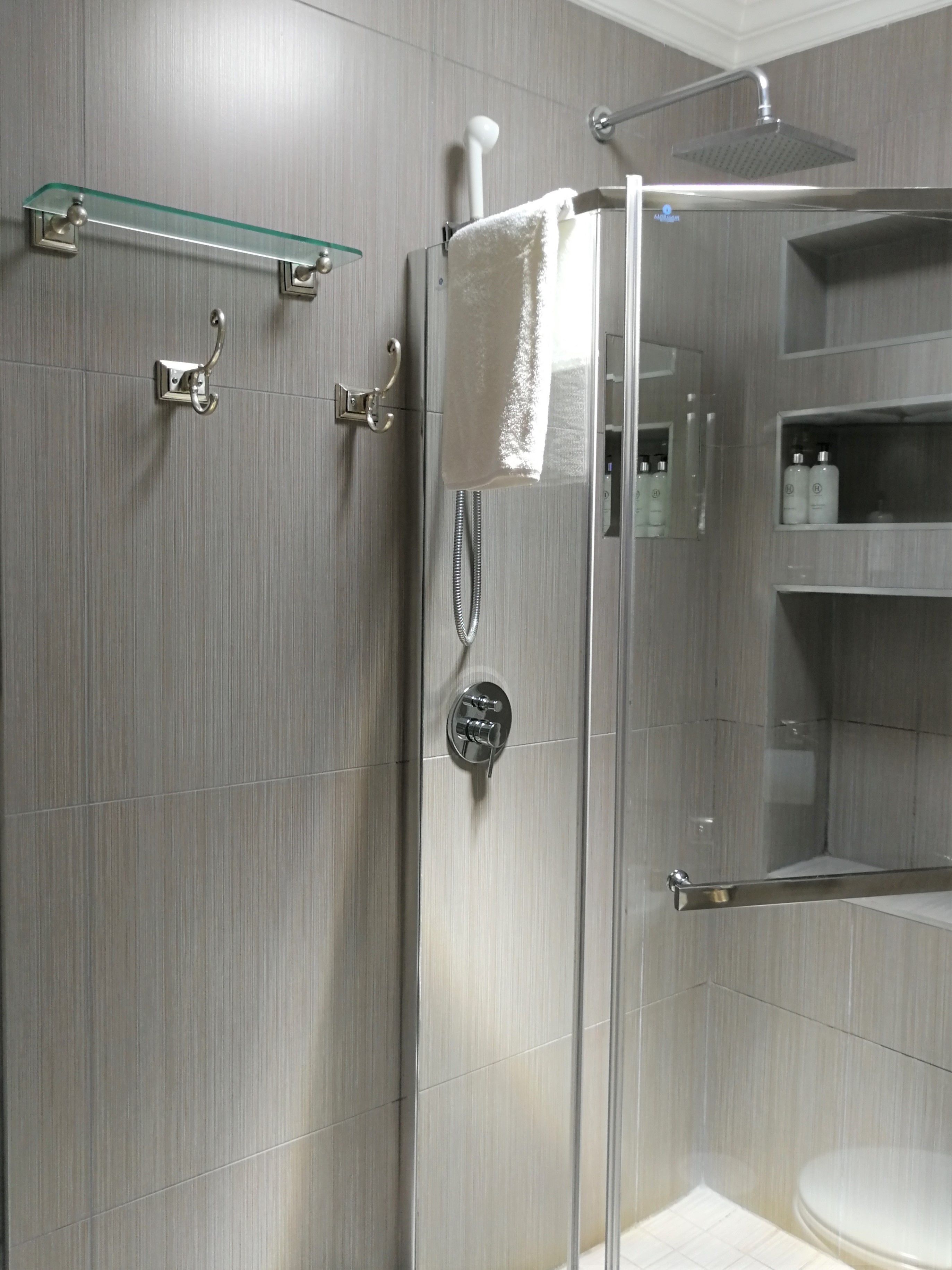 A modern bathroom with a glass shower enclosure, a towel rack, and a toilet.