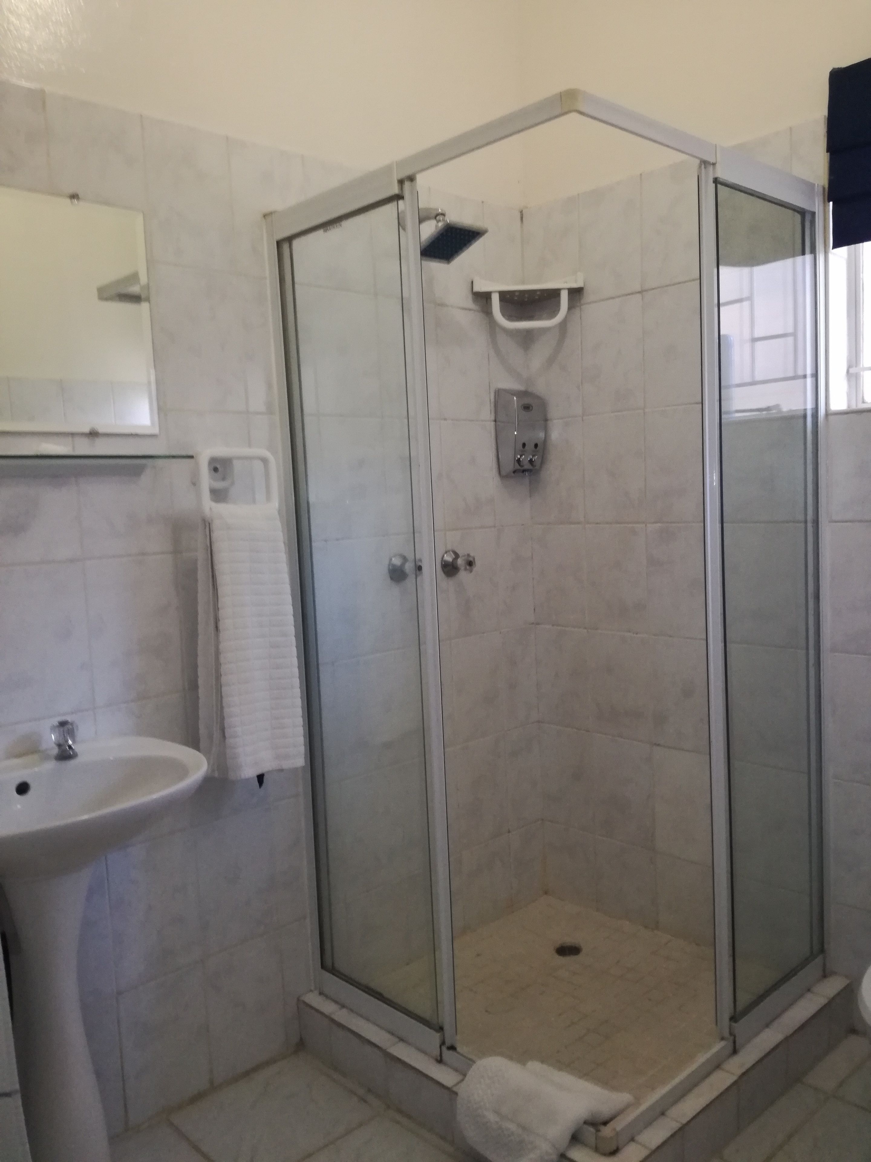 A bathroom with a glass-enclosed shower, a sink, and a mirror.