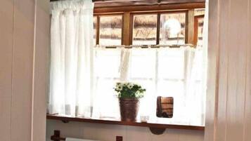 Un baño con un lavamanos blanco, una ventana con cortina y una planta en maceta en el alféizar.