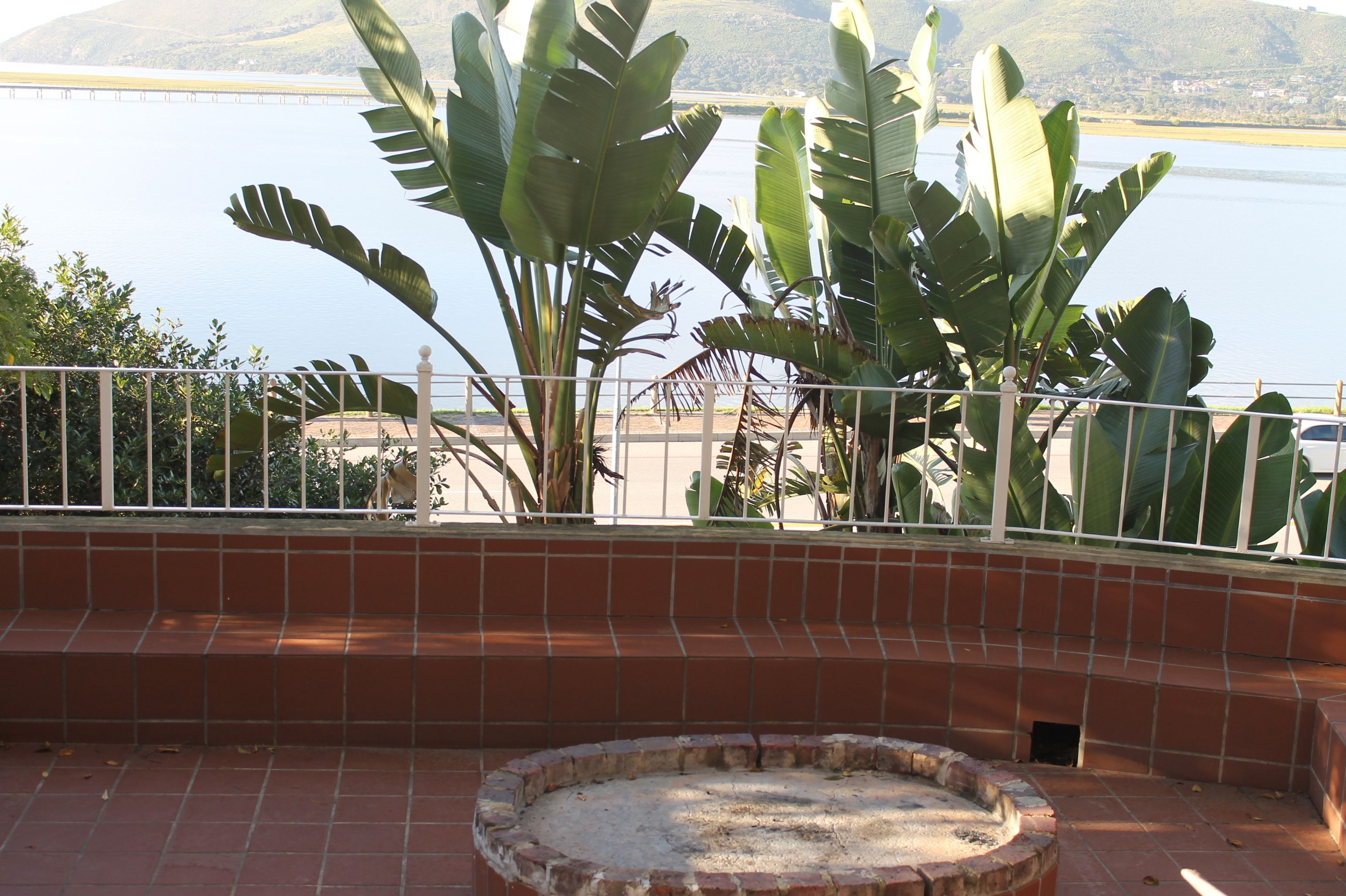 A tiled patio with a brick fire pit, surrounded by large banana plants and a metal railing.