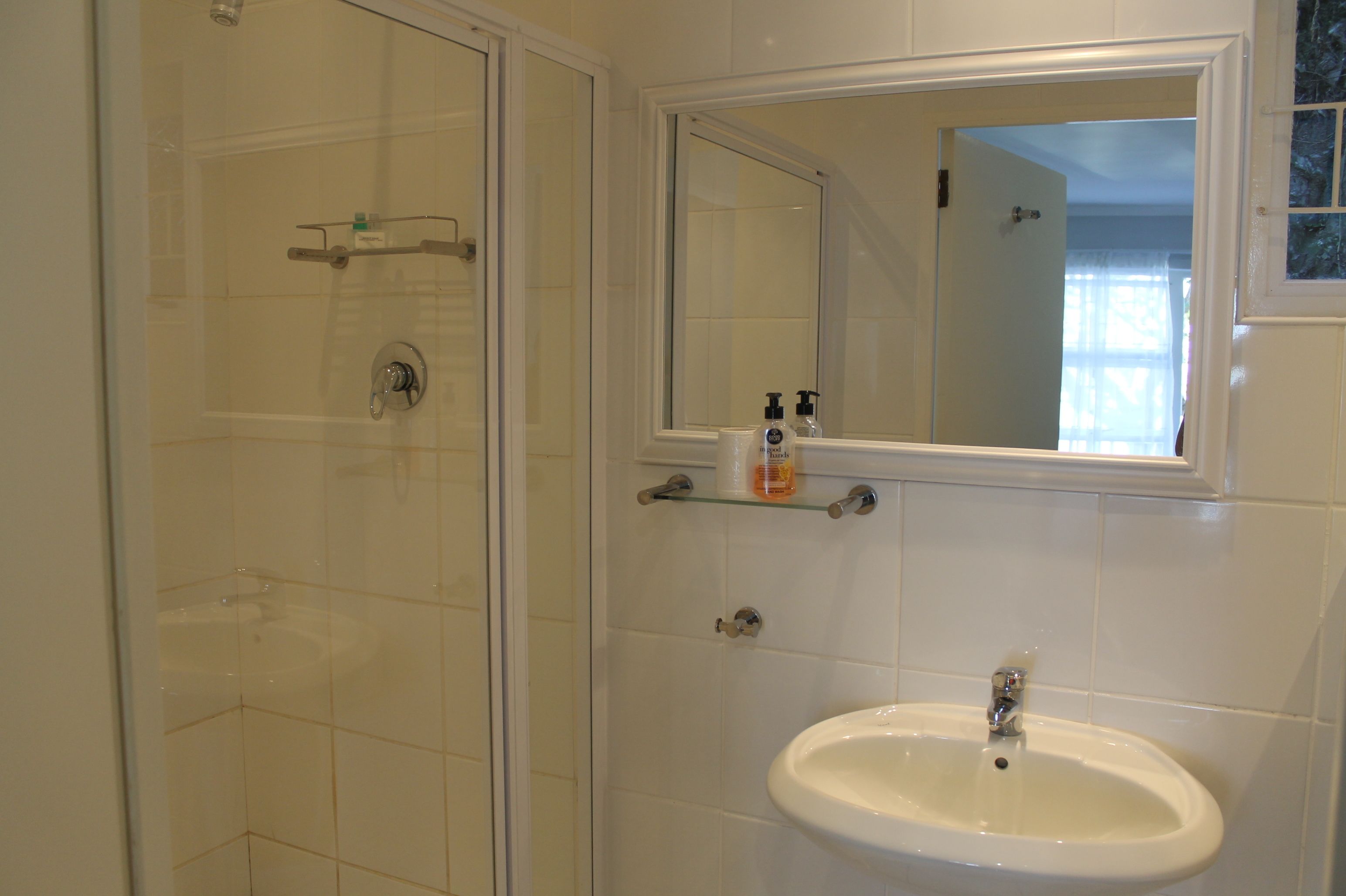 A bathroom with a glass-enclosed shower, a sink, and a mirror above it.