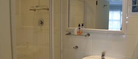 A bathroom with a glass-enclosed shower, a sink, and a mirror above it.