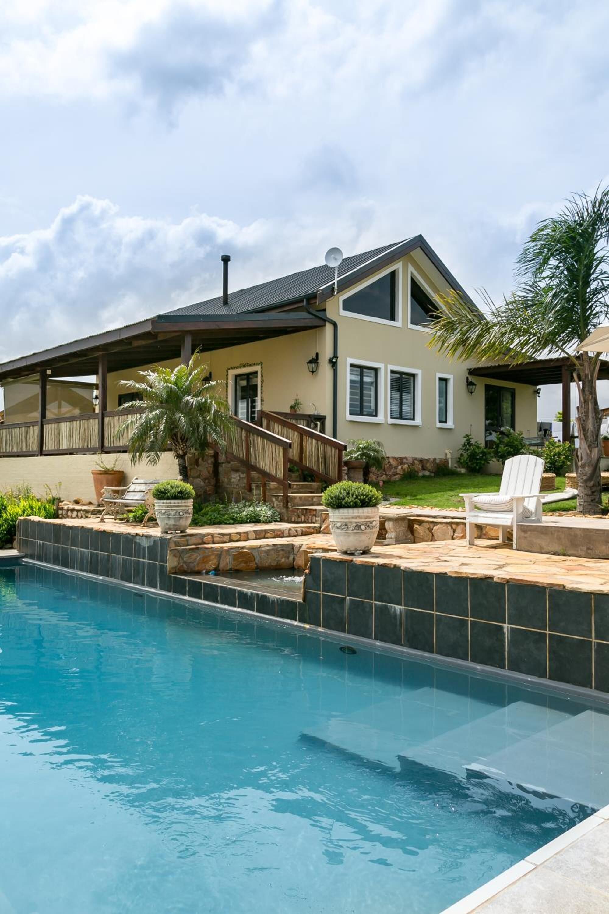 Outdoor pool, pool umbrellas, pool loungers