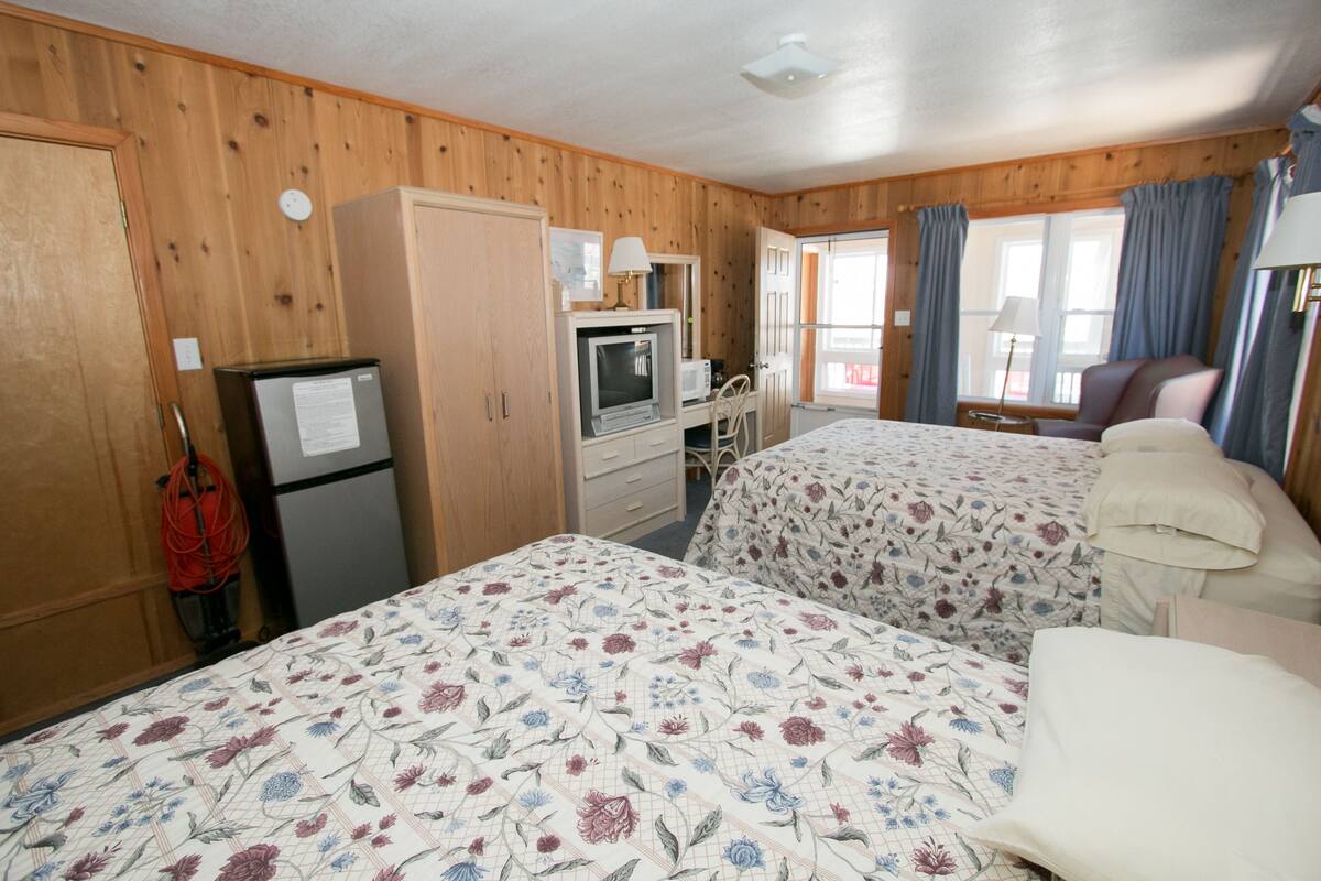 Quarto com duas camas, uma escrivaninha, televisão e frigorífico.