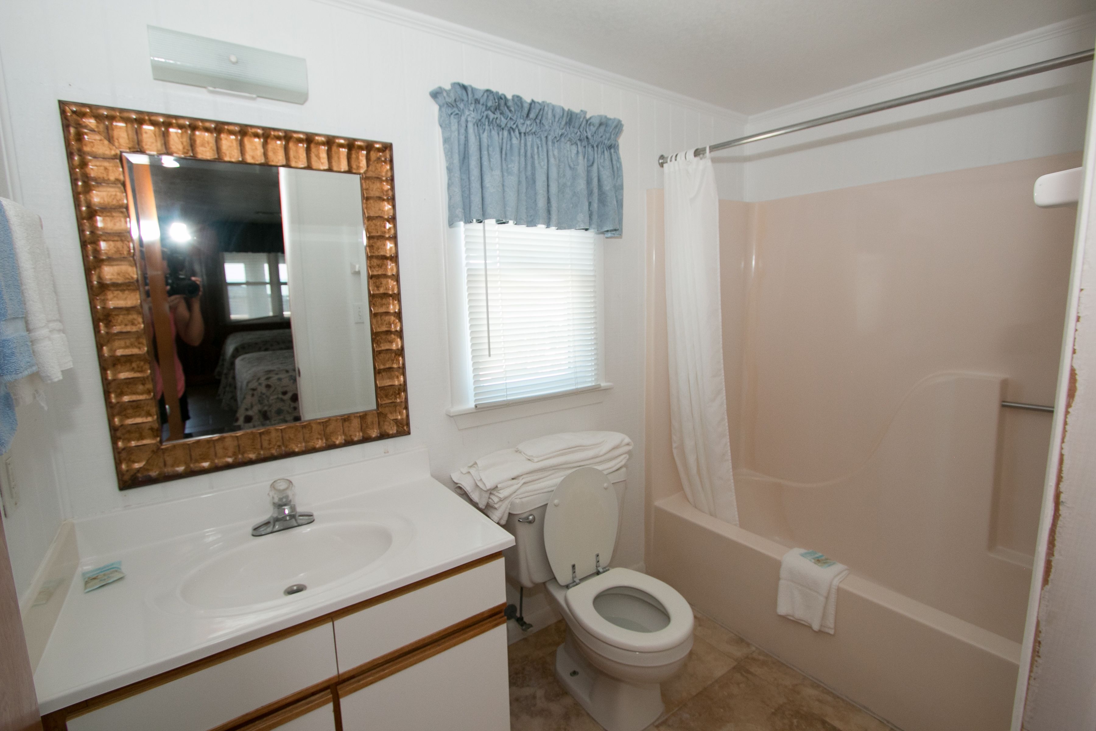 A bathroom with a white sink, a toilet, and a shower.