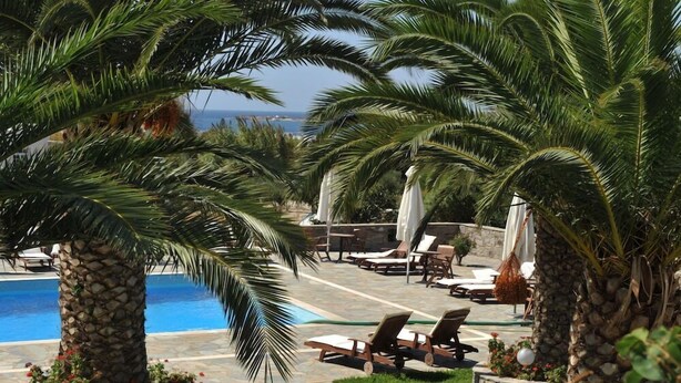 A poolside area with lounge chairs, palm trees, and a view of the ocean. - Eri Hotel (Paros)