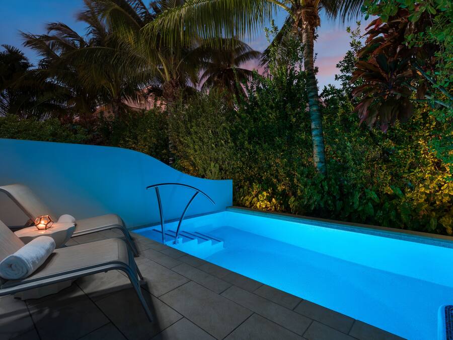 Allasalue, jossa on aurinkotuoleja ja pieni uima-allas. Alue on vehreän kasvillisuuden ja palmujen ympäröimä.