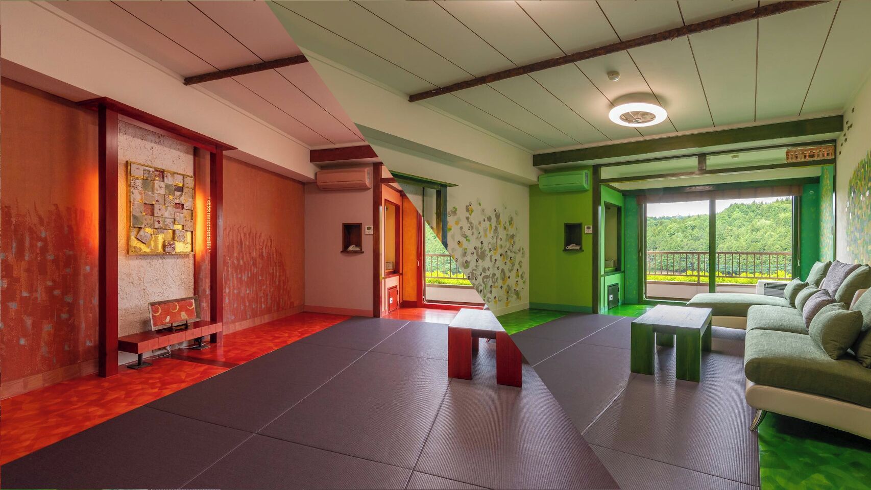 Quarto com tatames, um sofá e vista para o verde.