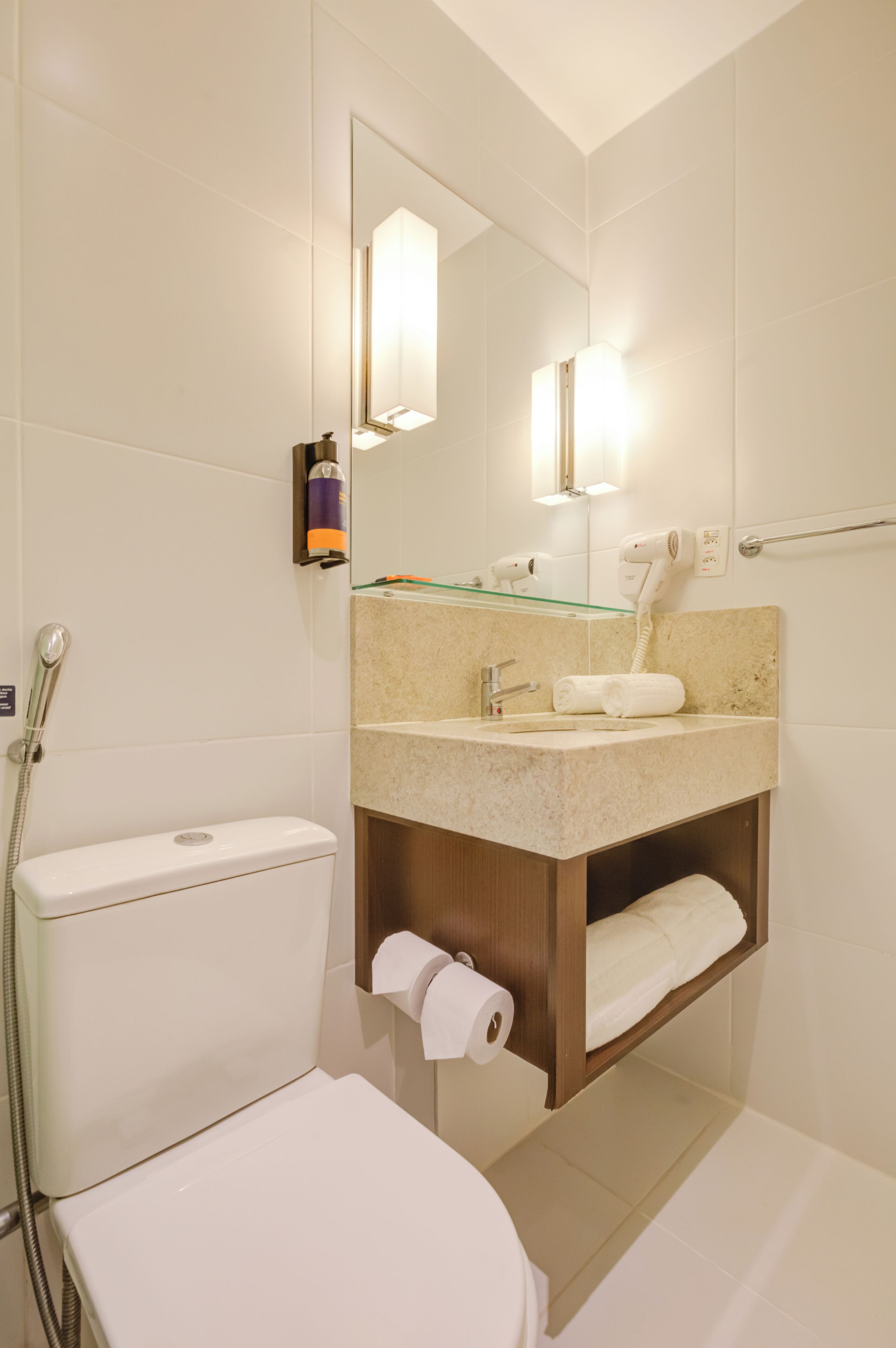 superior double room | bathroom | shower, hair dryer, towels