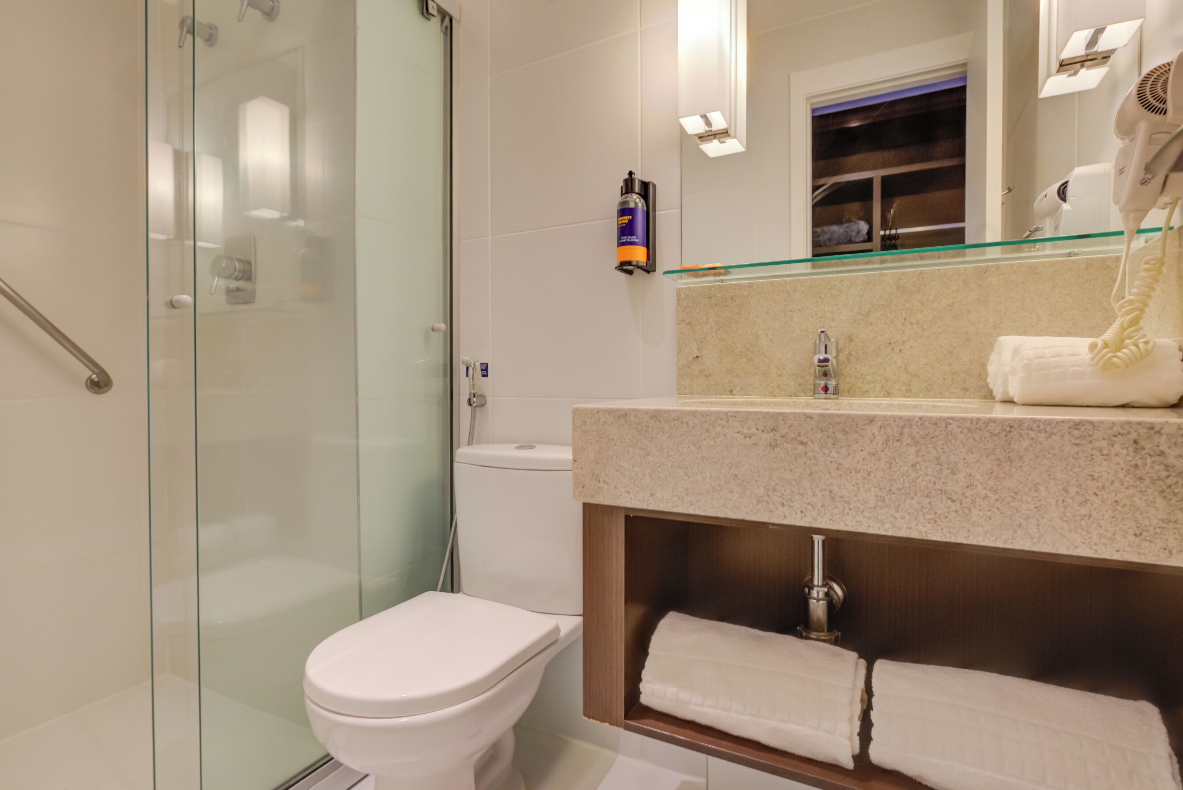 superior twin room | bathroom | shower, hair dryer, towels