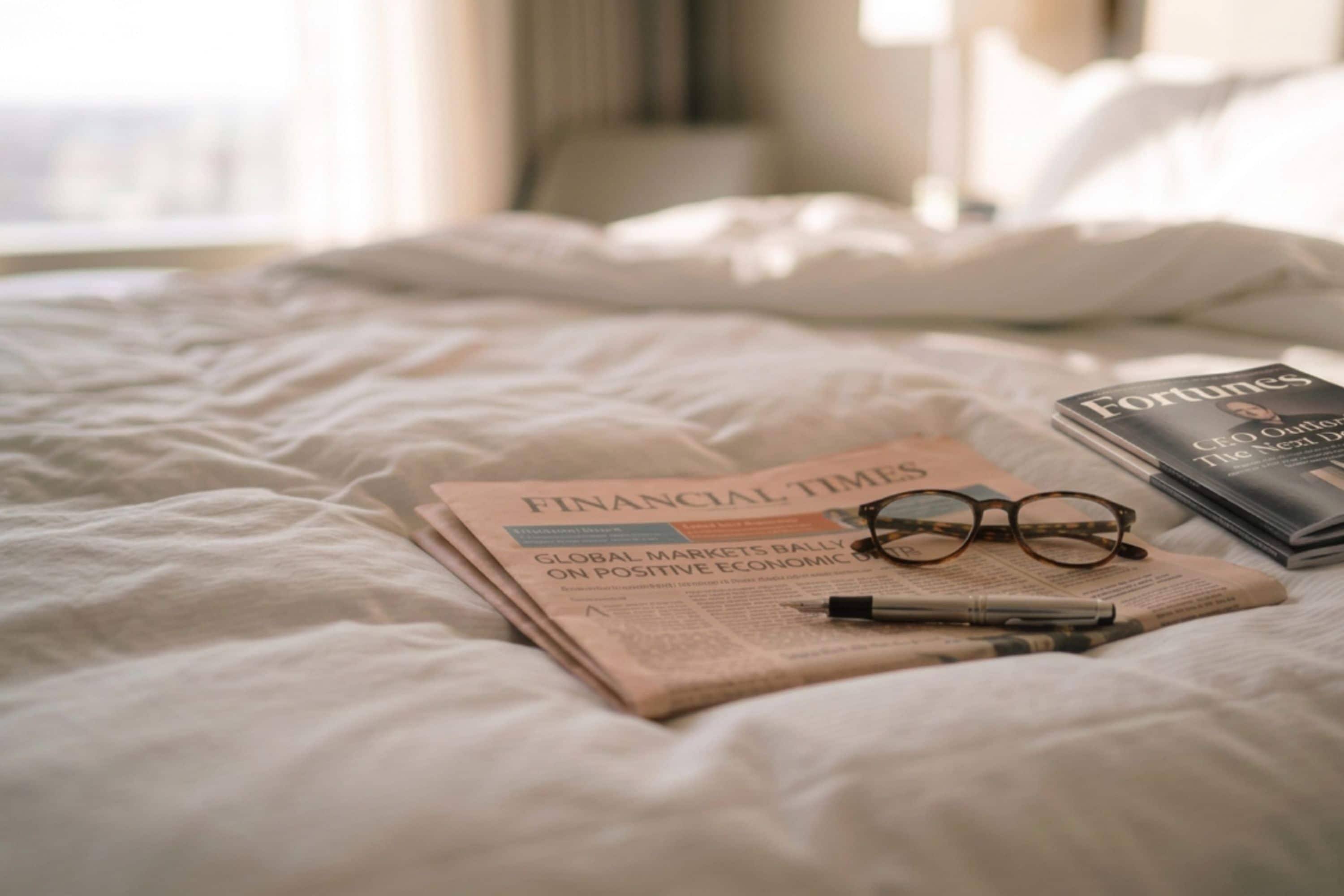 Una cama con un periódico, gafas y un bolígrafo.