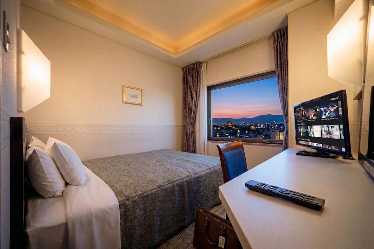 Habitación de hotel con cama, escritorio con televisor, control remoto y ventana con vistas a la ciudad.