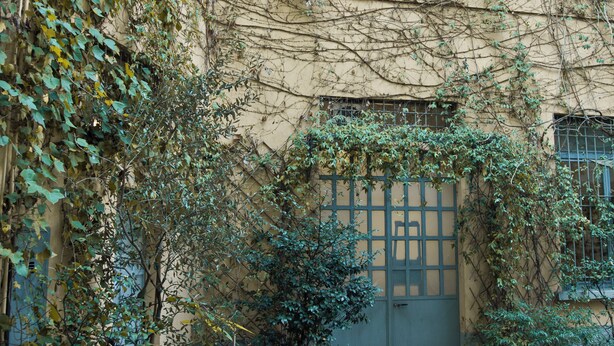 A courtyard with potted plants and a building with a gate. - Brera Apartments in Porta Romana (Milan)
