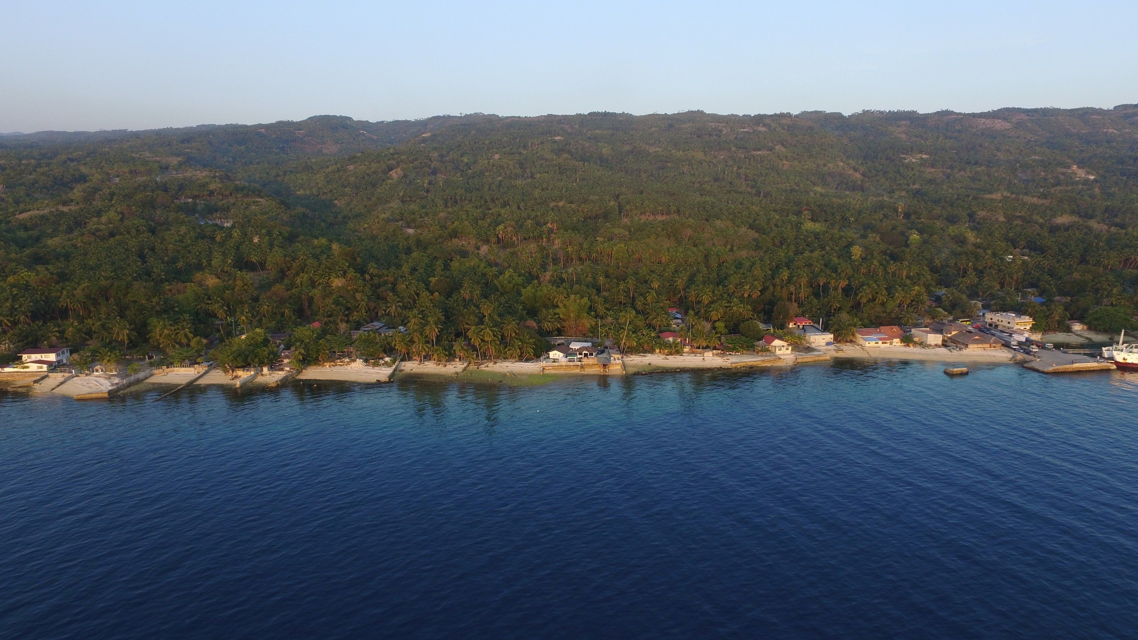 Vue aérienne d’une zone côtière avec une plage, un petit village et, au loin, des collines densément boisées.