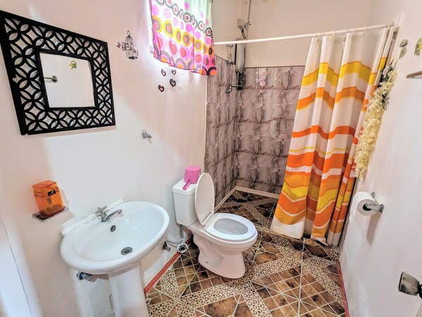 A bathroom with a toilet, sink, shower, and decorative elements like a mirror and wall art.