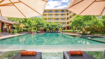 Outdoor pool, pool umbrellas, pool loungers