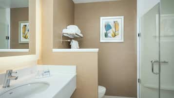 A modern bathroom with a large sink, a toilet, and a glass shower enclosure.