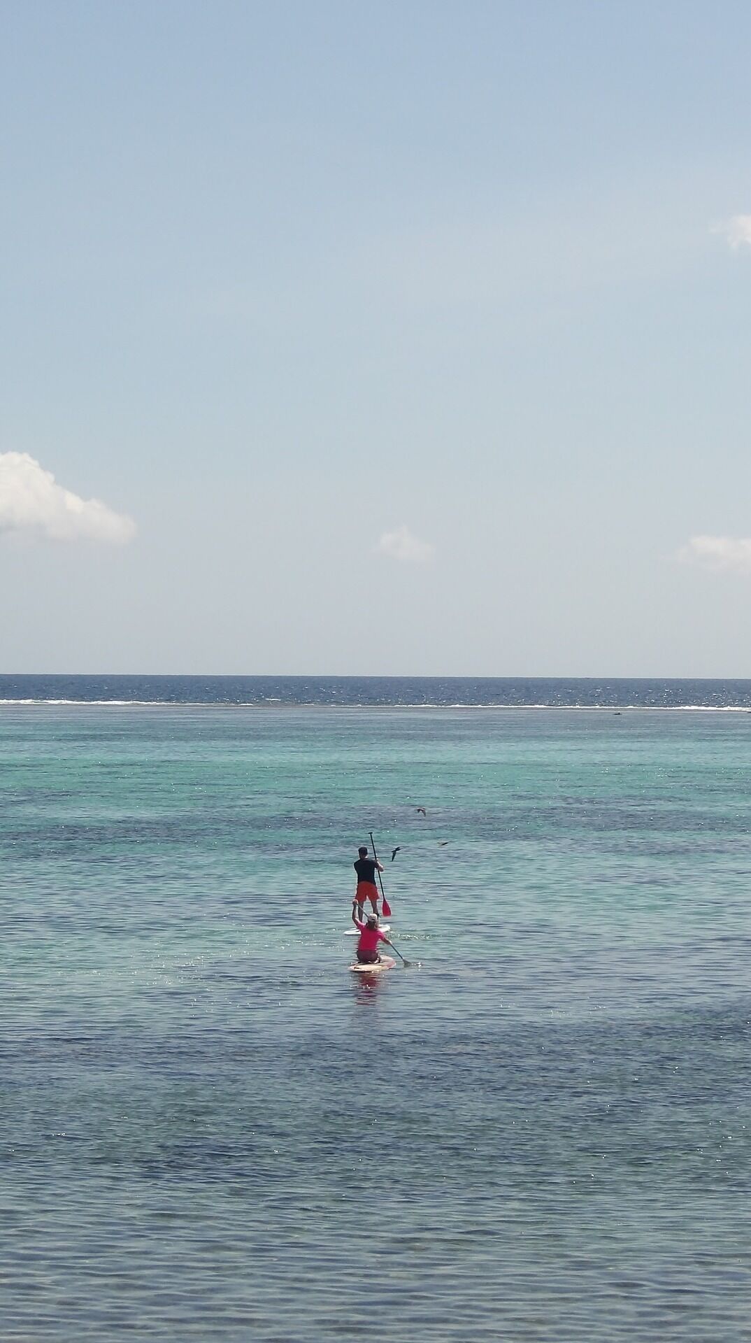Un mar tranquilo con dos personas haciendo paddleboard.