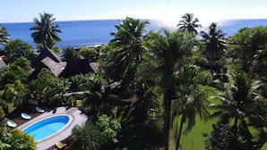 A pool surrounded by lush greenery and palm trees, with a view of the ocean. - Punatea Village (Taiarapu-Est)