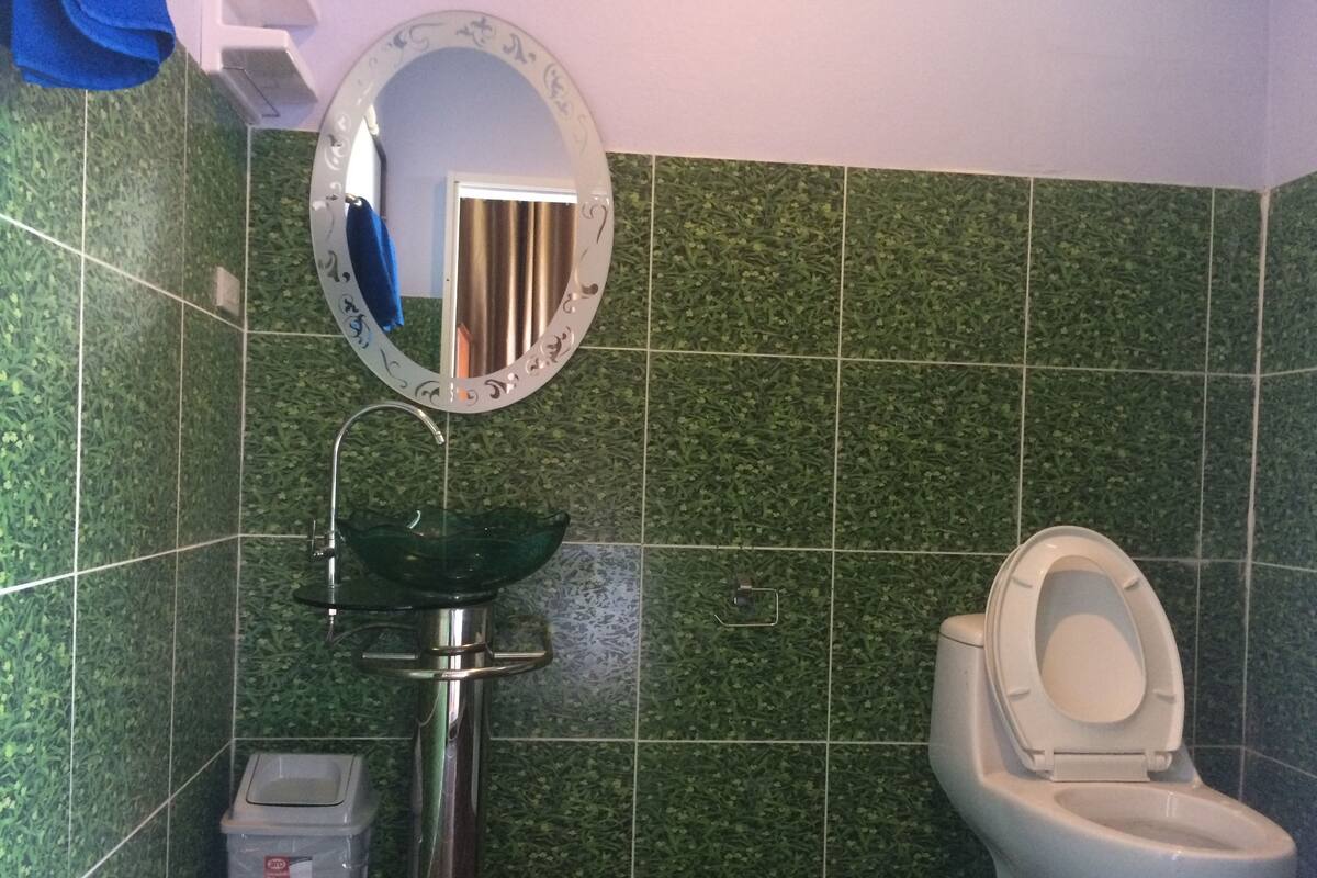 A bathroom with green tiles, a glass sink, a toilet, and a trash bin.