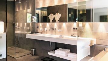 Combined shower/bathtub, designer toiletries, hair dryer, bathrobes