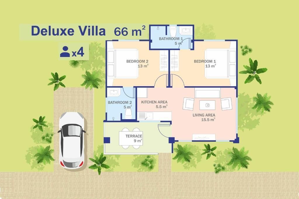 Grundriss einer luxuriösen Villa mit 66 m², bestehend aus 4 Schlafzimmern, 2 Bädern, einer Küche, einem Wohnbereich und einer Terrasse.