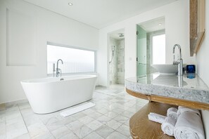 Duplex Residence Balcony Pool view | Bathroom | Shower, rainfall showerhead, hair dryer, slippers