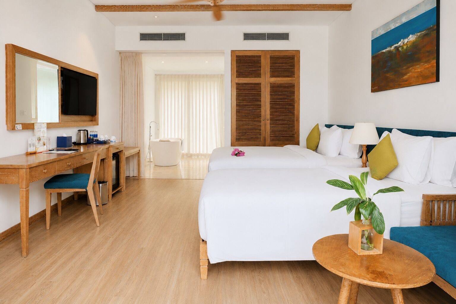 Junior Triple Room, Balcony, Pool View | Premium bedding, minibar, in-room safe, desk