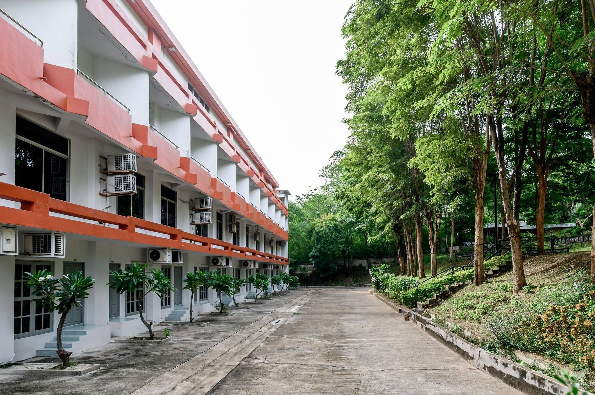 A building with multiple floors, air conditioning units, and a pathway lined with trees.
