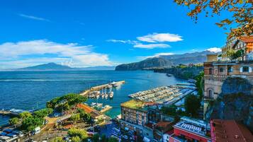 A coastal town with a marina, historic buildings, and a mountainous backdrop.