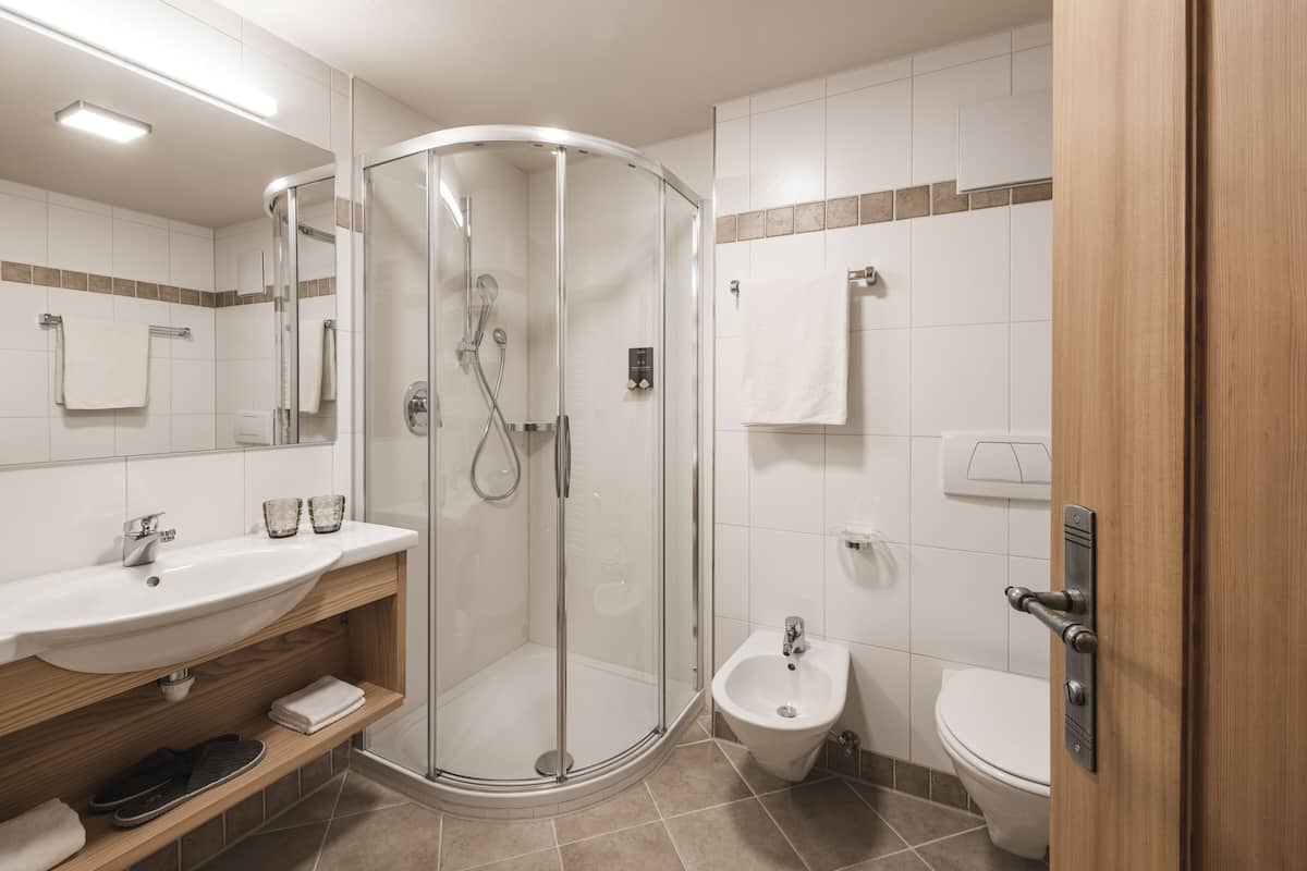 double room (mountain classic) | bathroom | shower, free toiletries, hair dryer, bathrobes