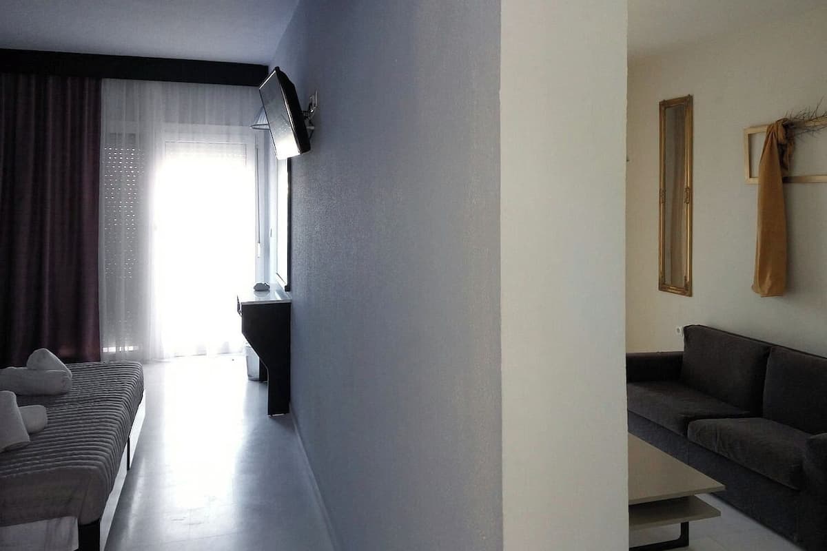 Une chambre d’hôtel moderne équipée d’un lit, d’une télévision, d’un canapé et d’une table basse.