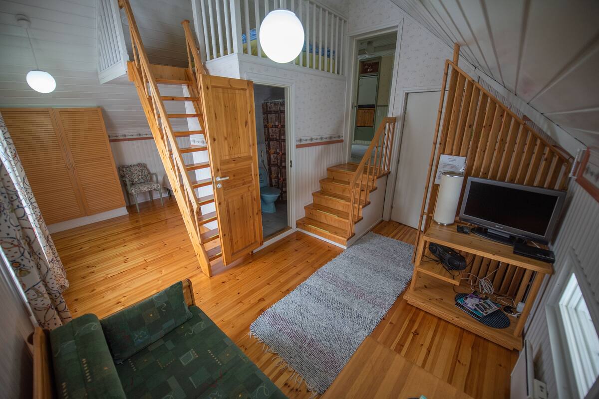 Una habitación amplia con pisos de madera, un sofá verde, un televisor sobre un mueble de madera y una escalera que lleva a un nivel superior.