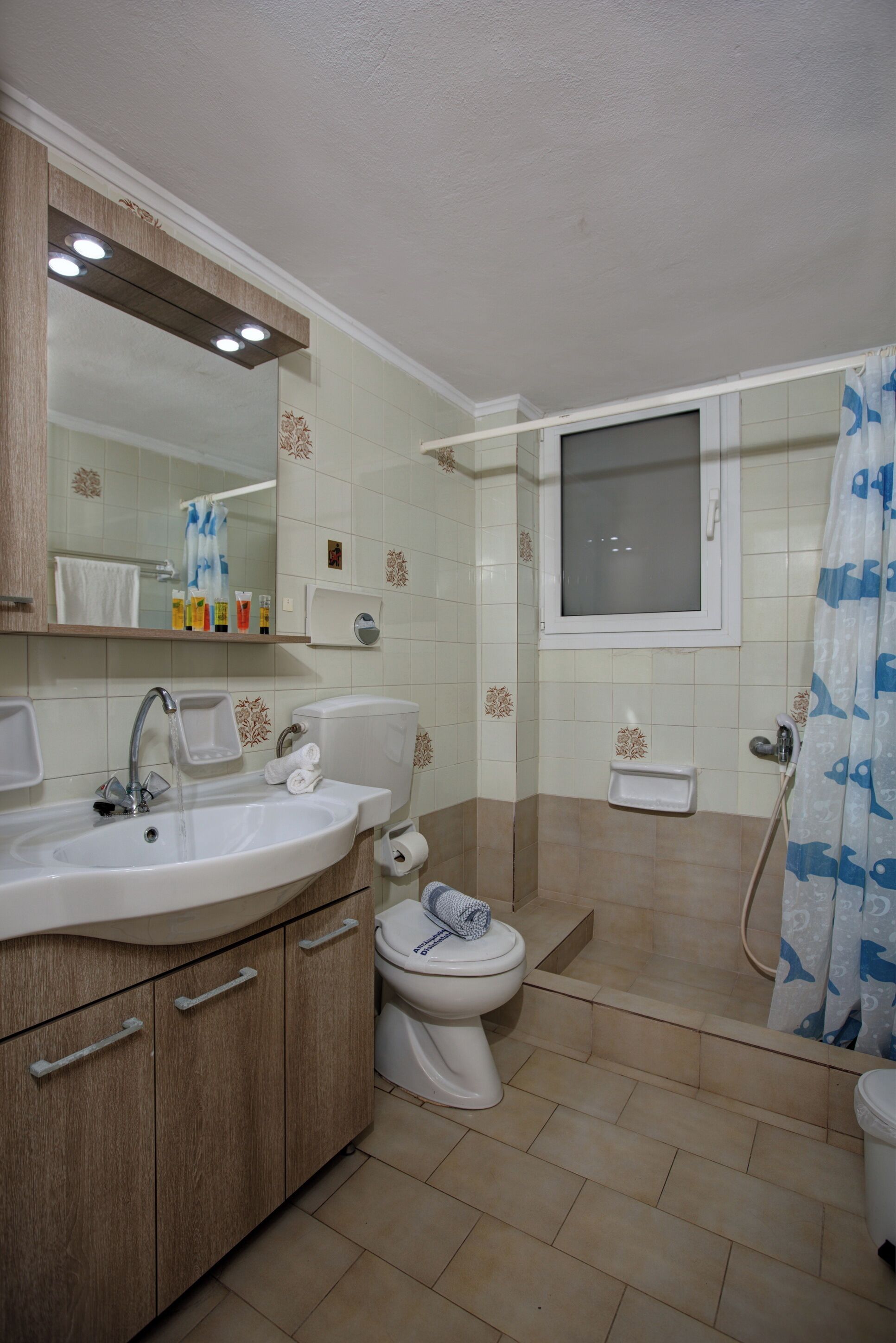 Un baño con lavamanos, espejo, inodoro, ducha y ventana.